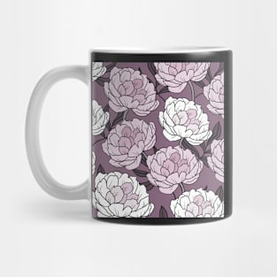 The pink and white  peonies in a lovely pattern on a violet background Mug